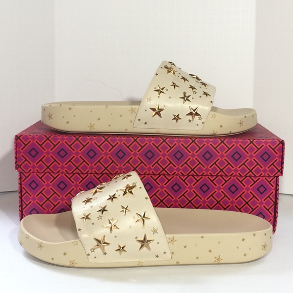 New Tory Burch Star Slides Leather Gold Cream - Picture 6 of 7
